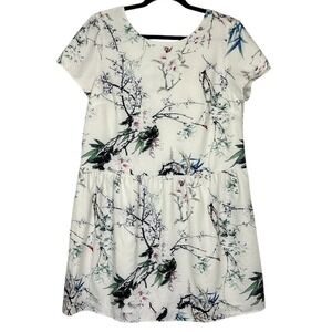 FRNCH Dress Women's Large‎ White Botanical Bird Print Garden Summer Short Sleeve